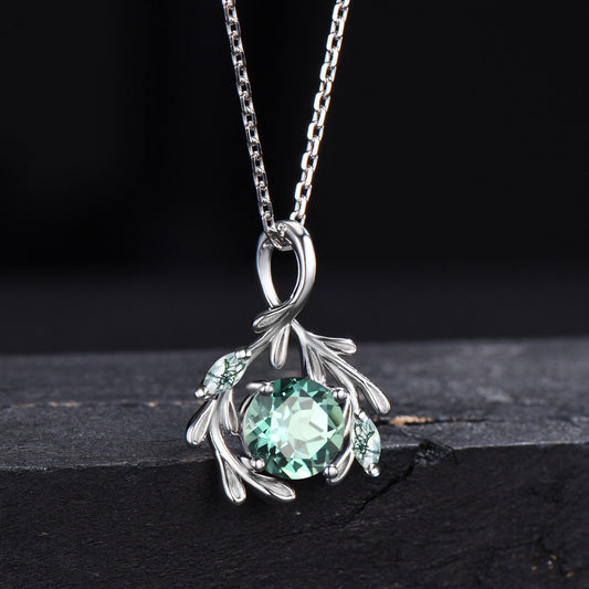 Round Green Sapphire Necklace Branch Leaf Vine Teal Sapphire Bridal Necklace 14k/18k White Gold Moss Agate Wedding Pendant Gifts for Women