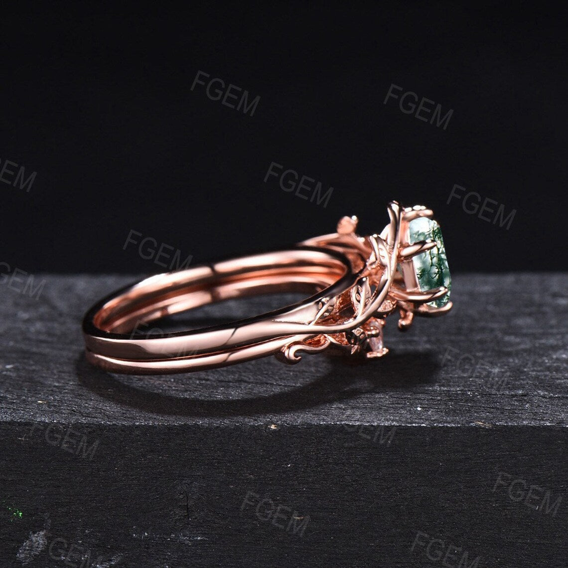 Unique Hexagon Natural Moss Agate Engagement Ring set Vintage Rose gold Ring Nature Inspired Leaf Ring popular Healing Gemstone Ring Promise ring