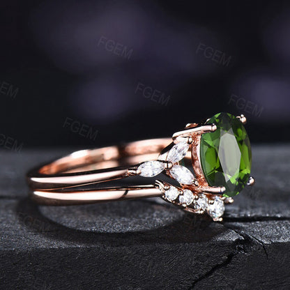 1.5ct Oval Natural Green Tourmaline Engagement Ring Set 10K Rose Gold Vintage Moissanite Tourmaline Bridal Sets Green Gemstone Wedding Rings