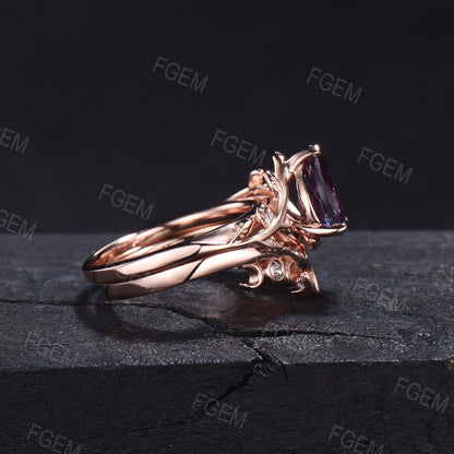 Nature Engagement Ring Set 10K/14K/18K Rose Gold Unique 1.25ct Pear Shaped Alexandrite Leaf Solitaire Rings Celtic Wedding Band Promise Gift