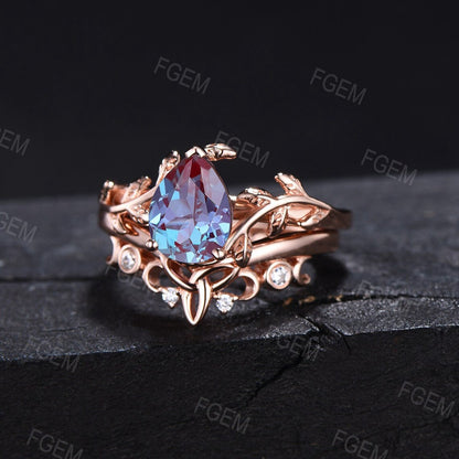 Nature Engagement Ring Set 10K/14K/18K Rose Gold Unique 1.25ct Pear Shaped Alexandrite Leaf Solitaire Rings Celtic Wedding Band Promise Gift