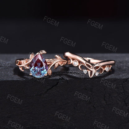 Nature Engagement Ring Set 10K/14K/18K Rose Gold Unique 1.25ct Pear Shaped Alexandrite Leaf Solitaire Rings Celtic Wedding Band Promise Gift