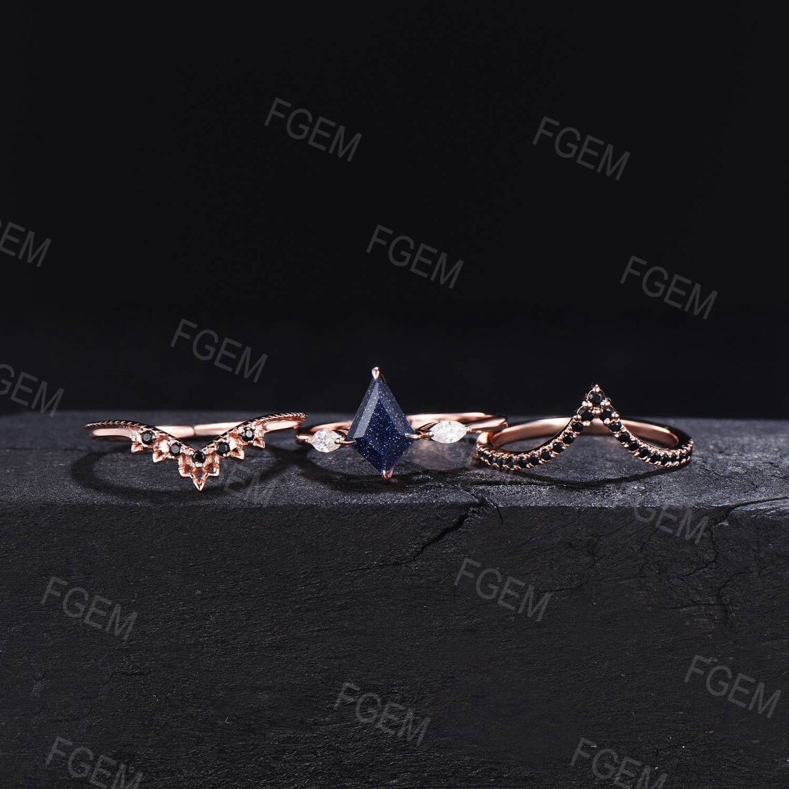 3pcs Kite Cut Starry Sky Galaxy Blue Sandstone Engagement Ring Set Vintage Antique Art Deco Unique Gothic Black Spinel Wedding Ring Sets