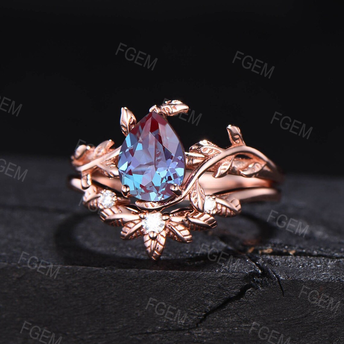 Branch Style Alexandrite Engagement Ring Set 14k Rose Gold 1.25ct Pear Cut Alexandrite Moissanite Solitaire Ring Leaf Nature Wedding Ring