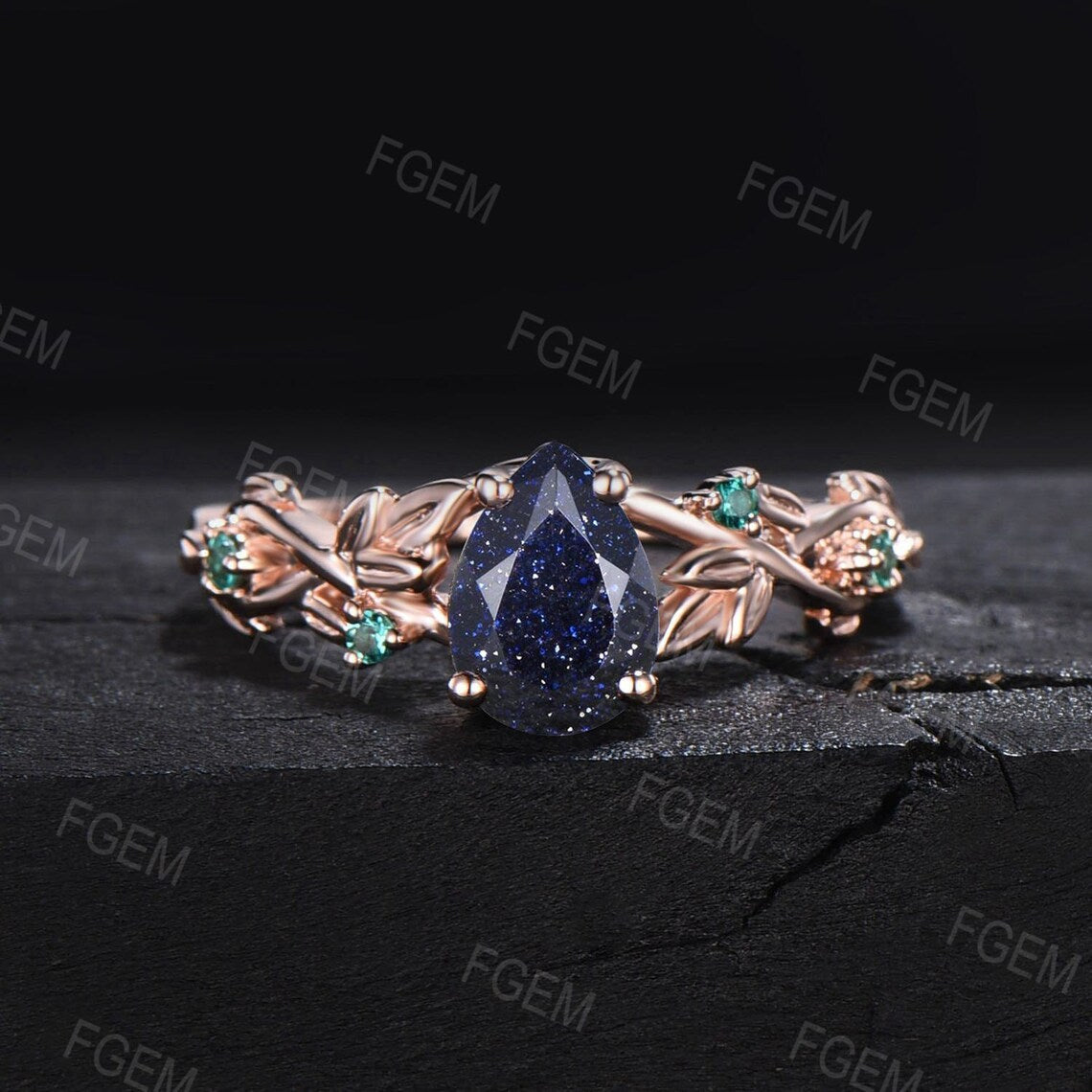 Nature Inspired Galaxy Blue Goldstone Engagement Ring Set Vintage 1.25ct Pear Unique Branch Twist Leaf Cluster Green Emerald Wedding Ring