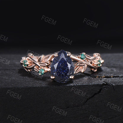 Nature Inspired Galaxy Blue Goldstone Engagement Ring Set Vintage 1.25ct Pear Unique Branch Twist Leaf Cluster Green Emerald Wedding Ring