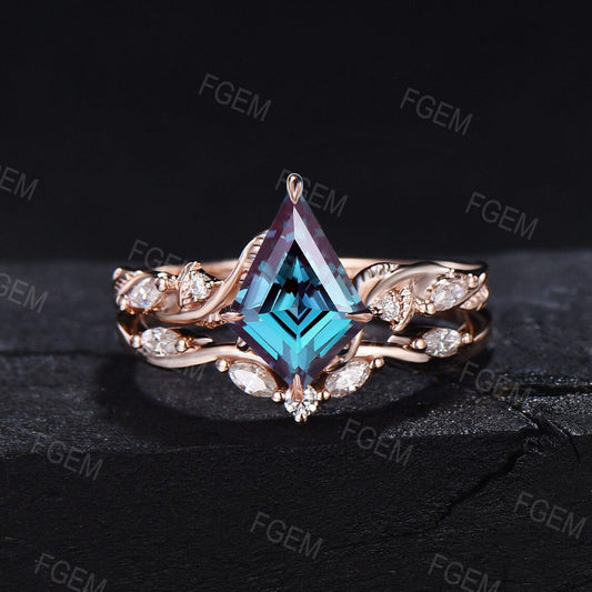 Kite Shaped Color-change Alexandrite Ring Set Twig leaf Vine Moissanite Bridal Set Nature Inspired June Birthstone Wedding Set Promise Gifts