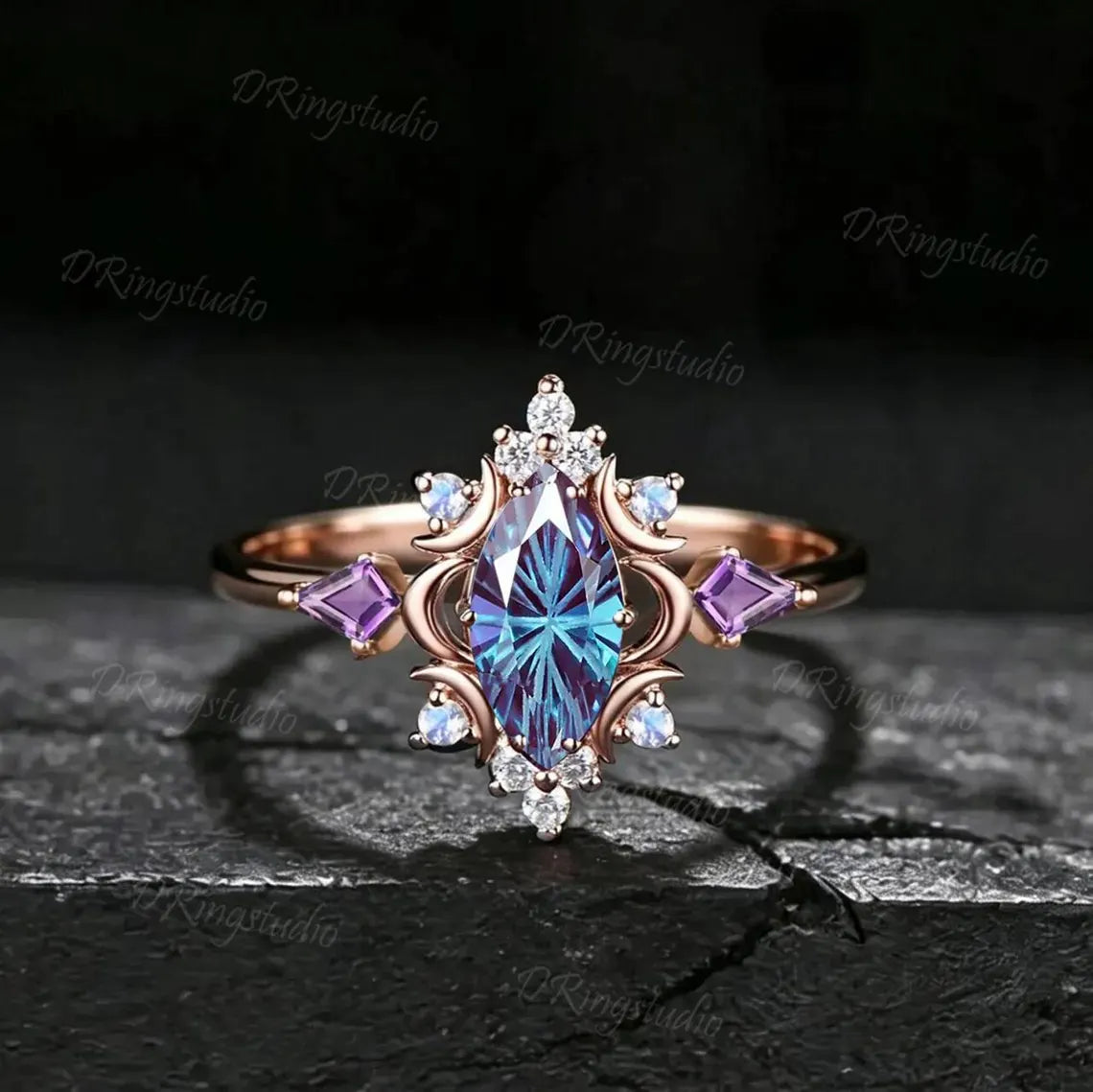 Antique Fireworks Cut Alexandrite Engagement Ring Moon Halo Rose Gold Marquise Color Change Ring Amethyst Moissanite Alternative Bridal Ring