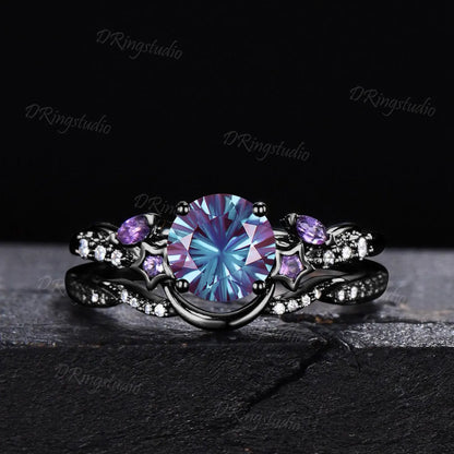 6.5mm Round Fireworks Cut Alexandrite Bridal Ring Set Waxing Crescent Moon Star Amethyst Silver Engagement Ring Color-Change Ring Women Gift