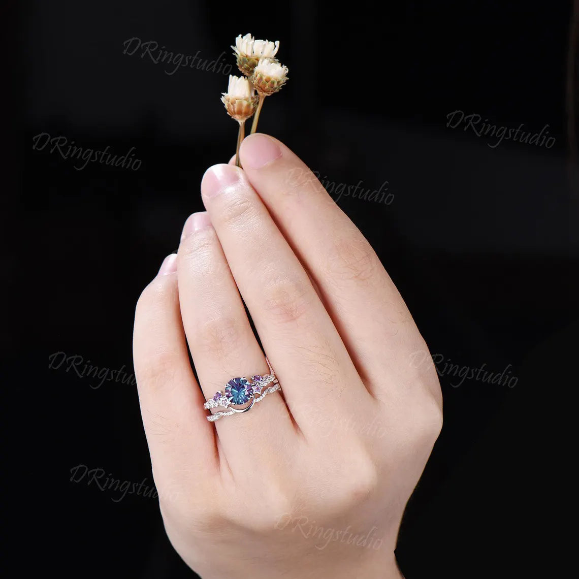 6.5mm Round Fireworks Cut Alexandrite Bridal Ring Set Waxing Crescent Moon Star Amethyst Silver Engagement Ring Color-Change Ring Women Gift