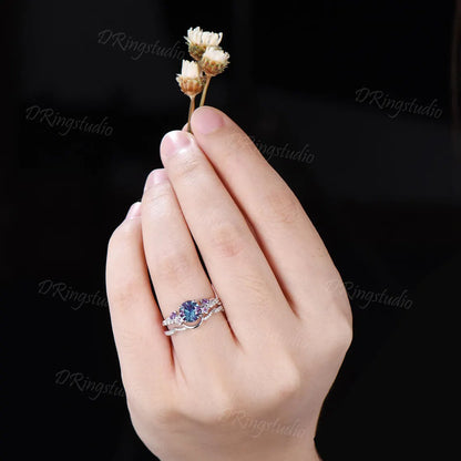 6.5mm Round Fireworks Cut Alexandrite Bridal Ring Set Waxing Crescent Moon Star Amethyst Silver Engagement Ring Color-Change Ring Women Gift
