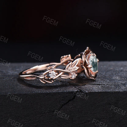Nature Inspired Ring,Moss Rose Flower Engagement Ring,Leaf Branch Ring,Round Moss Agate ,14K Rose Gold Twig Flower Ring,Women Wedding Ring