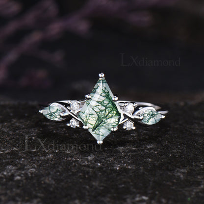 Unique Kite Cut Moss Agate Engagement Ring Set Vintage Round Moissanite Half Eternity Ring Art Deco 14k Rose Gold 3pcs Bridal Ring Set Women