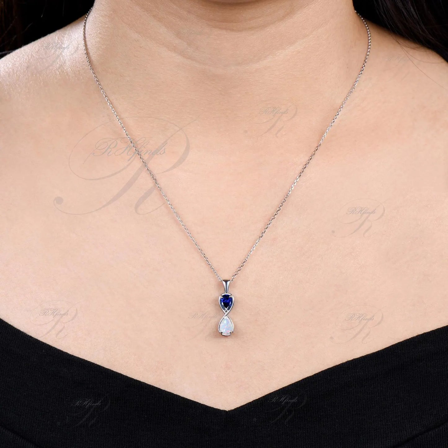 Unique Pear Cut Blue Sapphire Necklace Minimalist Teardrop Opal Necklace Art Deco Two Stone Pendant Toi et Moi Necklace