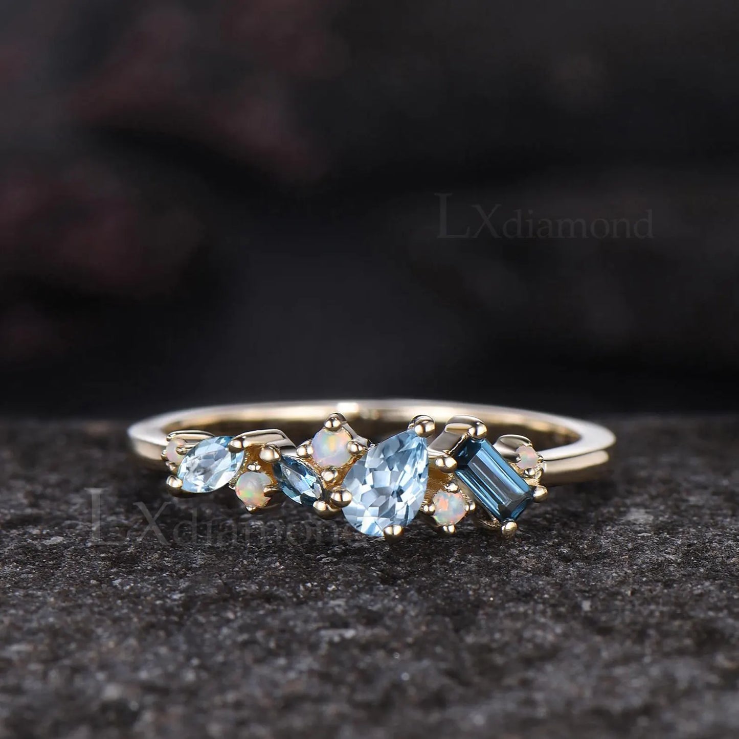 Unique Baguette Cut London Blue Topaz Wedding Band Women Minimalist Pear Aquamarine Opal Cluster Ring Delicate 14k Yellow Gold Bridal Gift