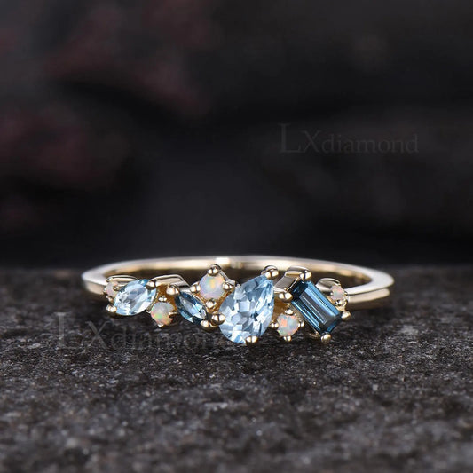 Unique Baguette Cut London Blue Topaz Wedding Band Women Minimalist Pear Aquamarine Opal Cluster Ring Delicate 14k Yellow Gold Bridal Gift
