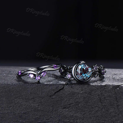 Heart Color Change Alexandrite Engagement Ring Set Moon Star Celestial Black Twig Branch Amethyst Wedding Ring June Birthstone Proposal Gift