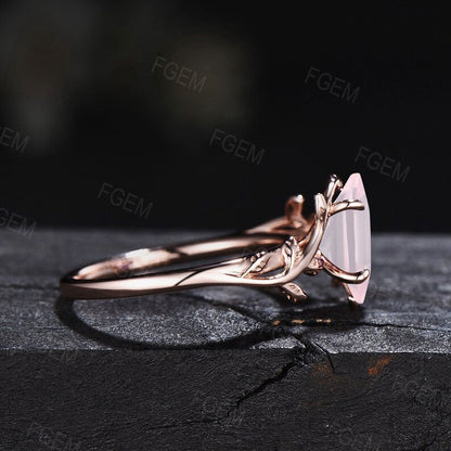 Natural Rose Quartz Ring Leaf Engagement Rings Unique Solitaire Ring Long Hexagon Wedding Ring Pink Crystal Gemstone Jewelry Gift for Couple