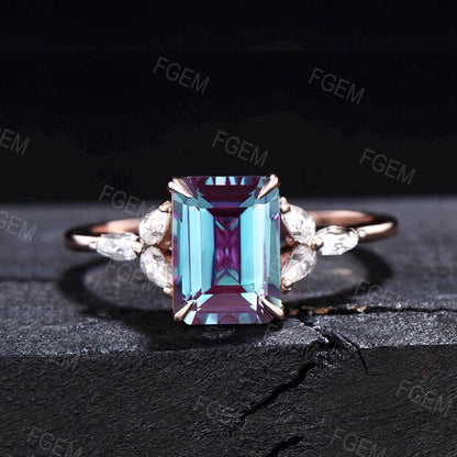 2ct Emerald Cut Alexandrite Cluster Engagement Ring Set 10K/14K/18K Rose Gold June Birthstone Wedding Ring Pear Cut Moissanite Promise Ring