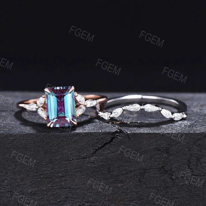 2ct Emerald Cut Alexandrite Cluster Engagement Ring Set 10K/14K/18K Rose Gold June Birthstone Wedding Ring Pear Cut Moissanite Promise Ring