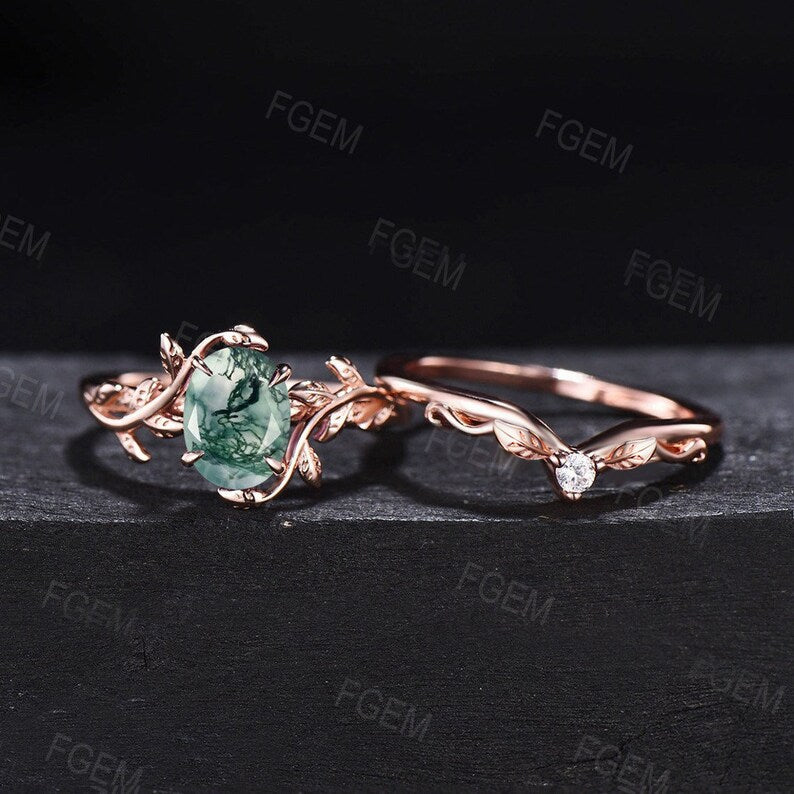 1.5ct Oval Natural Moss Agate Engagement Ring Set Rose Gold Silver Branch Design Solitaire Ring Unique Leaf Wedding Ring Anniversary Gifts