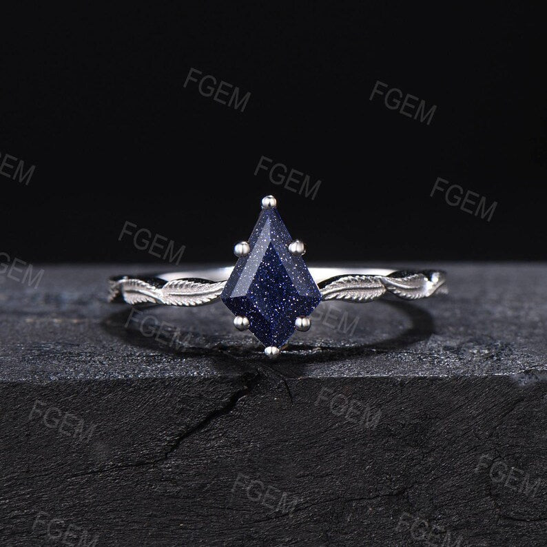 Nature Inspired Blue Goldstone Solitaire Rings 10K Rose Gold Kite Galaxy Blue Sandstone Ring  Leaf Branch Wedding Band Unqiue Promise Gifts