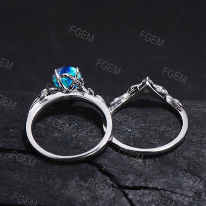 10K White Gold 1ct Round Cut Leaf Blue Fire Opal Emerald Engagement Ring Set Moss Agate Wedding Ring Twig Nature Inspired Opal Promise Ring