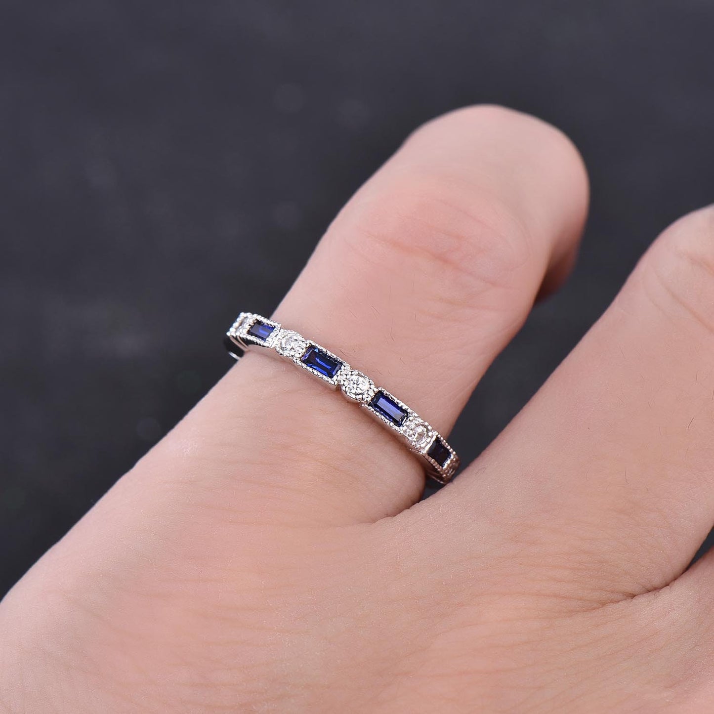 Blue Sapphire Wedding Band, Full Eternity Band, Silver Stacking Ring, High Quality Sapphire Ring, September Birthstone, Vintage Jewelry