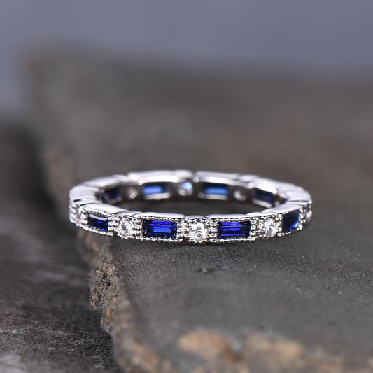 Blue Sapphire Wedding Band, Full Eternity Band, Silver Stacking Ring, High Quality Sapphire Ring, September Birthstone, Vintage Jewelry