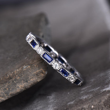 Blue Sapphire Wedding Band, Full Eternity Band, Silver Stacking Ring, High Quality Sapphire Ring, September Birthstone, Vintage Jewelry