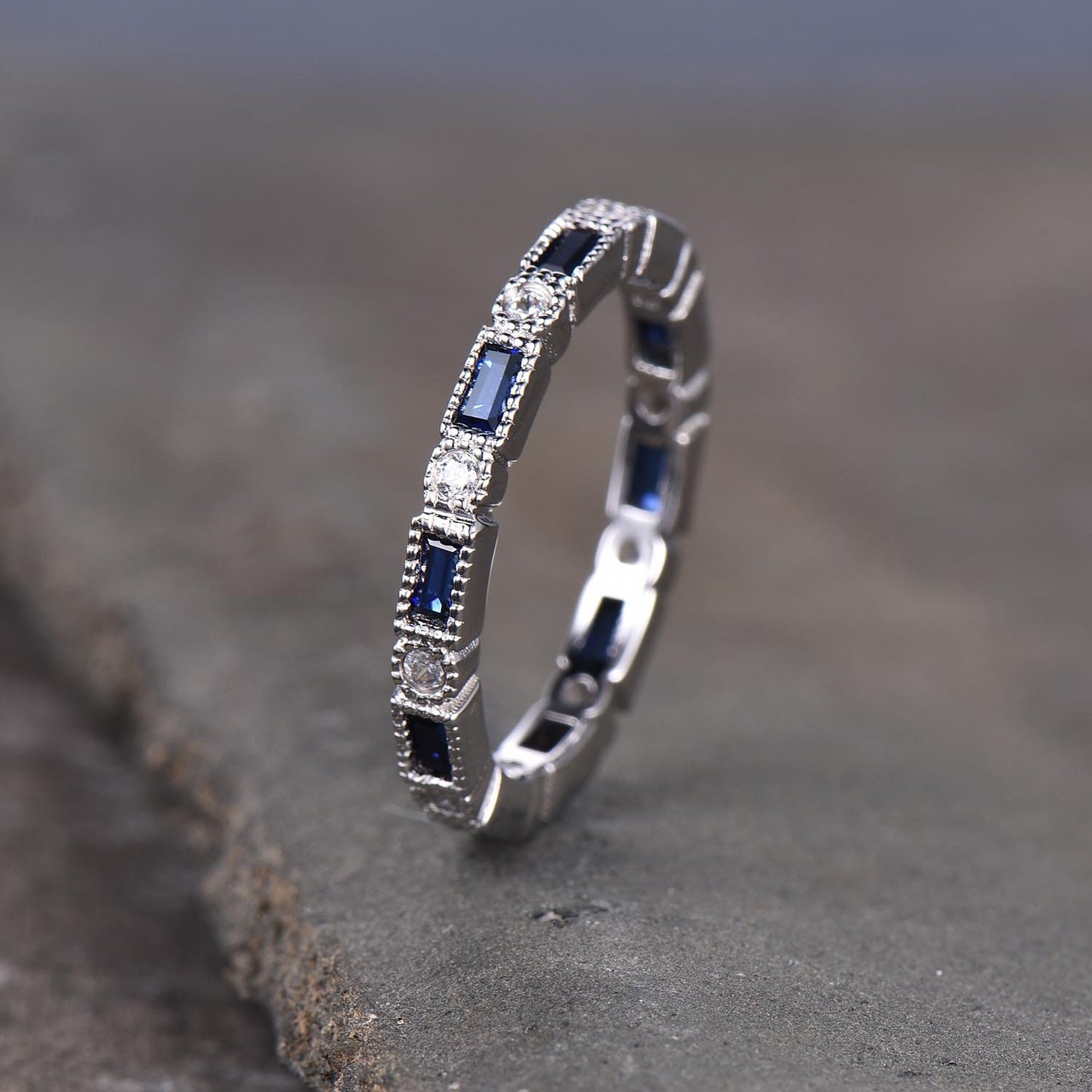 Blue Sapphire Wedding Band, Full Eternity Band, Silver Stacking Ring, High Quality Sapphire Ring, September Birthstone, Vintage Jewelry