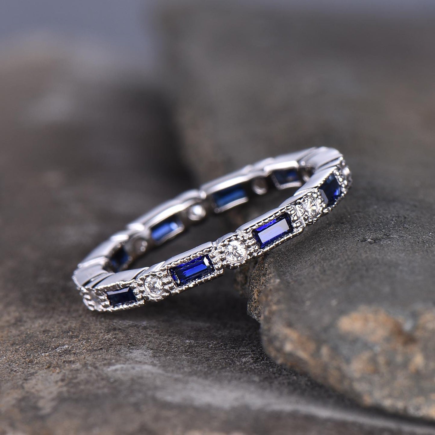 Blue Sapphire Wedding Band, Full Eternity Band, Silver Stacking Ring, High Quality Sapphire Ring, September Birthstone, Vintage Jewelry