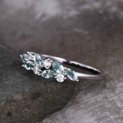 Moss agate cluster wedding band Unique marquise cut moss agate wedding band Vintage Moissanite ring sterling silver ring Anniversary gift