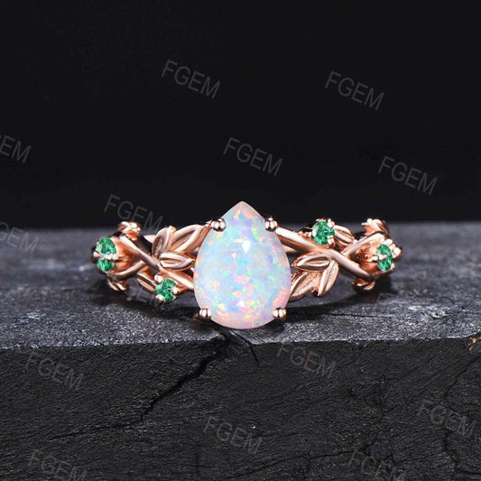 Leaf Opal Engagement Rings Vintage 14K Rose Gold 1.25ct Pear Shaped Unique Nature Inspired Opal Wedding Ring Set Green Emerald Wedding Band