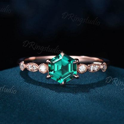 1ct Hexagon Emerald Engagement Ring Vintage Rose Gold Art Deco Milgrain Ring Green Stone Promise Anniversary Ring Personalize Gift for Women