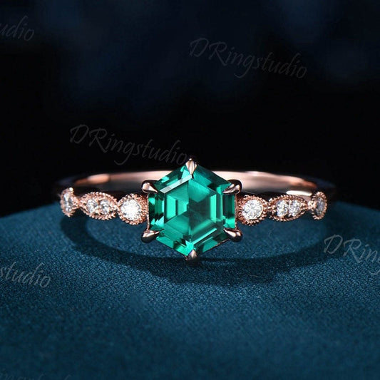1ct Hexagon Emerald Engagement Ring Vintage Rose Gold Art Deco Milgrain Ring Green Stone Promise Anniversary Ring Personalize Gift for Women