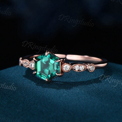 1ct Hexagon Emerald Engagement Ring Vintage Rose Gold Art Deco Milgrain Ring Green Stone Promise Anniversary Ring Personalize Gift for Women