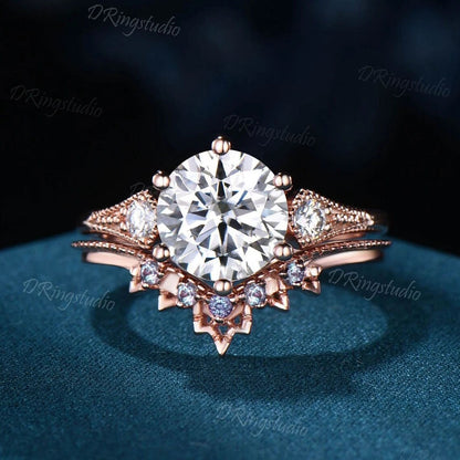 Unique Moissanite Engagement Ring Vintage Three Stone Rose Gold Alexandrite Wedding Band Bridal Set Promise Gifts Delicate Rings for Woman