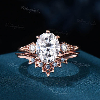 Unique Moissanite Engagement Ring Vintage Three Stone Rose Gold Alexandrite Wedding Band Bridal Set Promise Gifts Delicate Rings for Woman