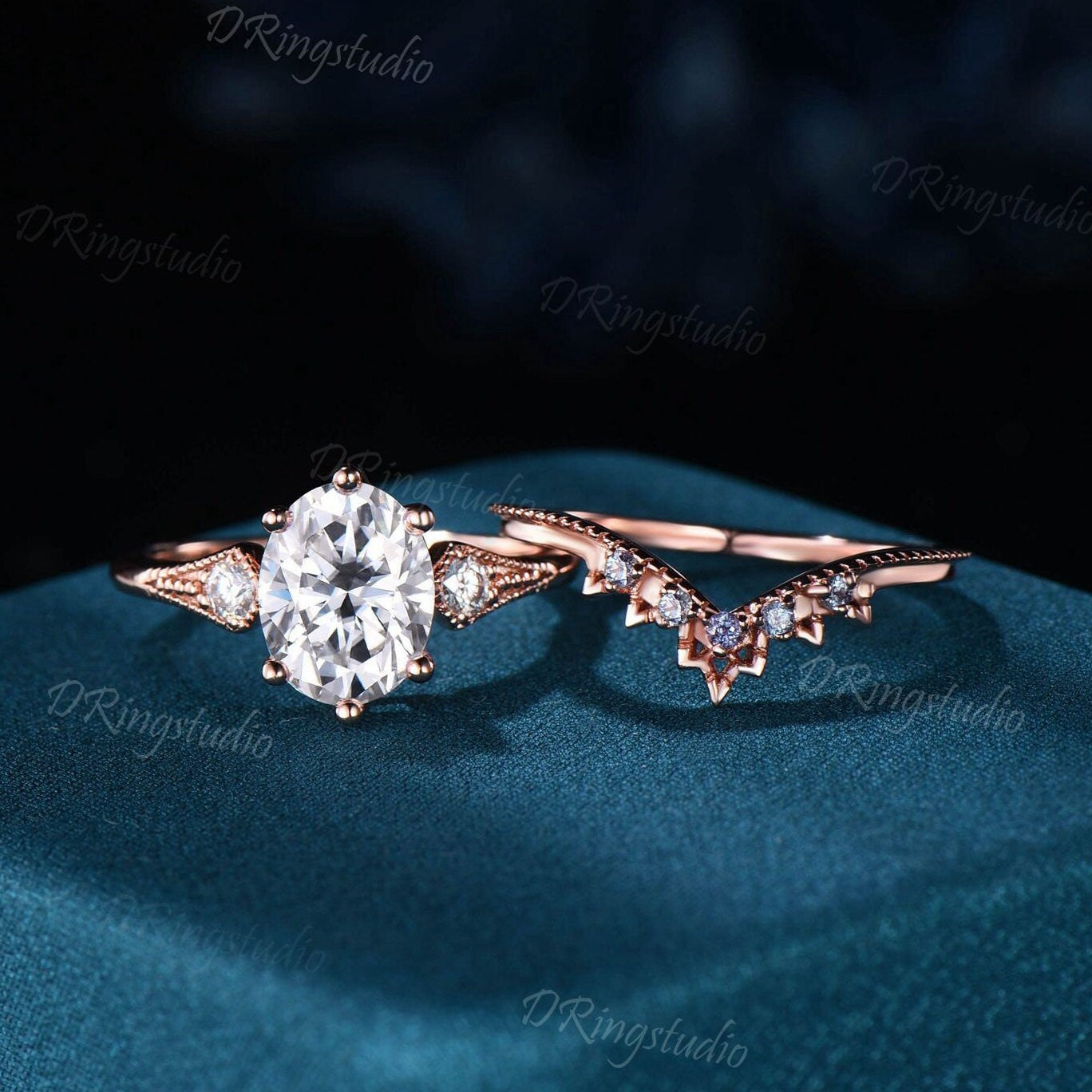 Unique Moissanite Engagement Ring Vintage Three Stone Rose Gold Alexandrite Wedding Band Bridal Set Promise Gifts Delicate Rings for Woman