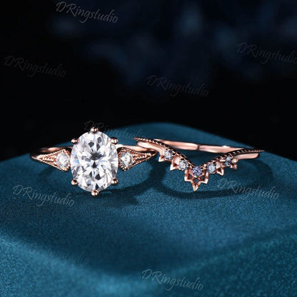 Unique Moissanite Engagement Ring Vintage Three Stone Rose Gold Alexandrite Wedding Band Bridal Set Promise Gifts Delicate Rings for Woman