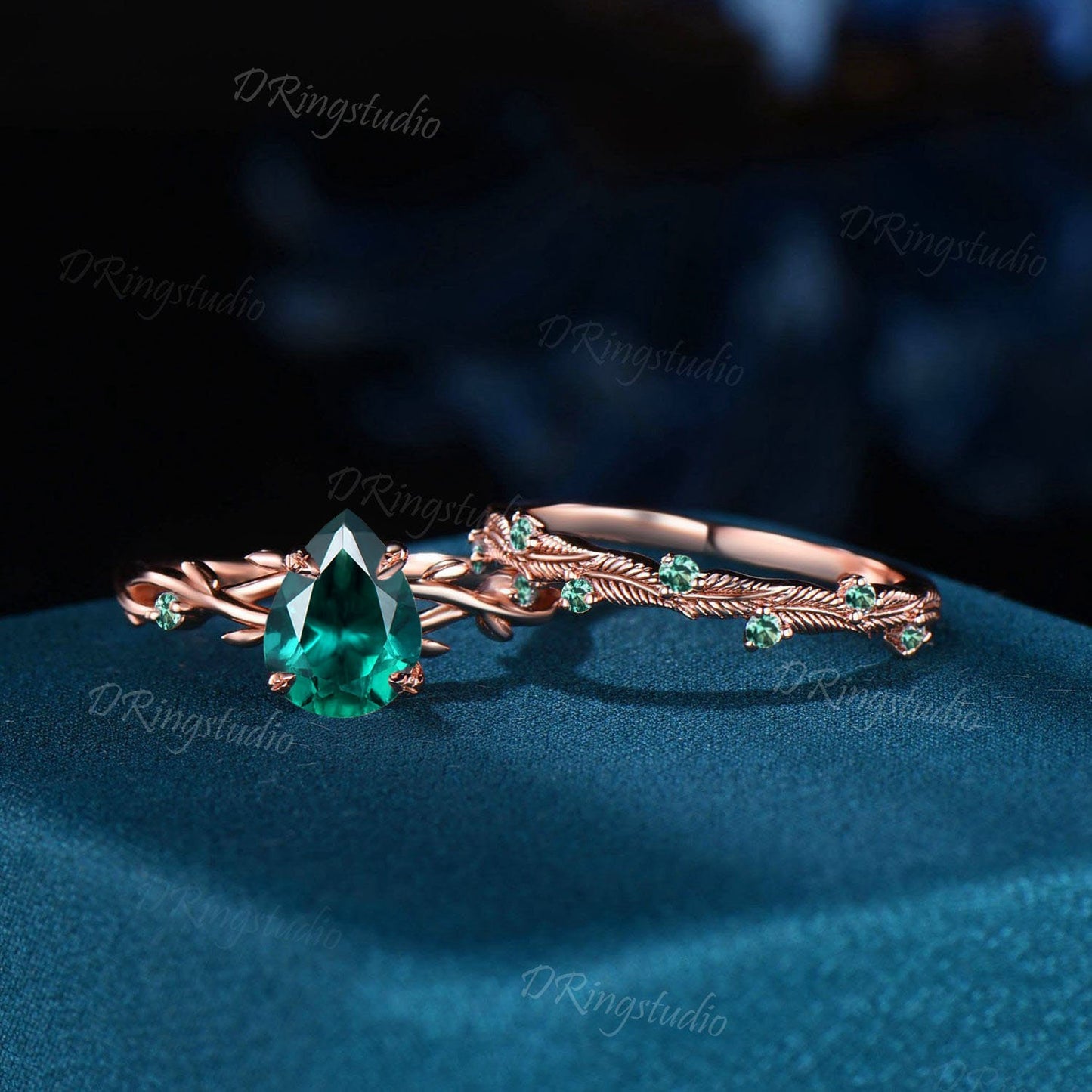 Twig Green Emerald Ring Vintage Women Nature Inspired Engagement Ring Bridal Set Birthstone May Leaf Wedding Band Unique Anniversary Gifts