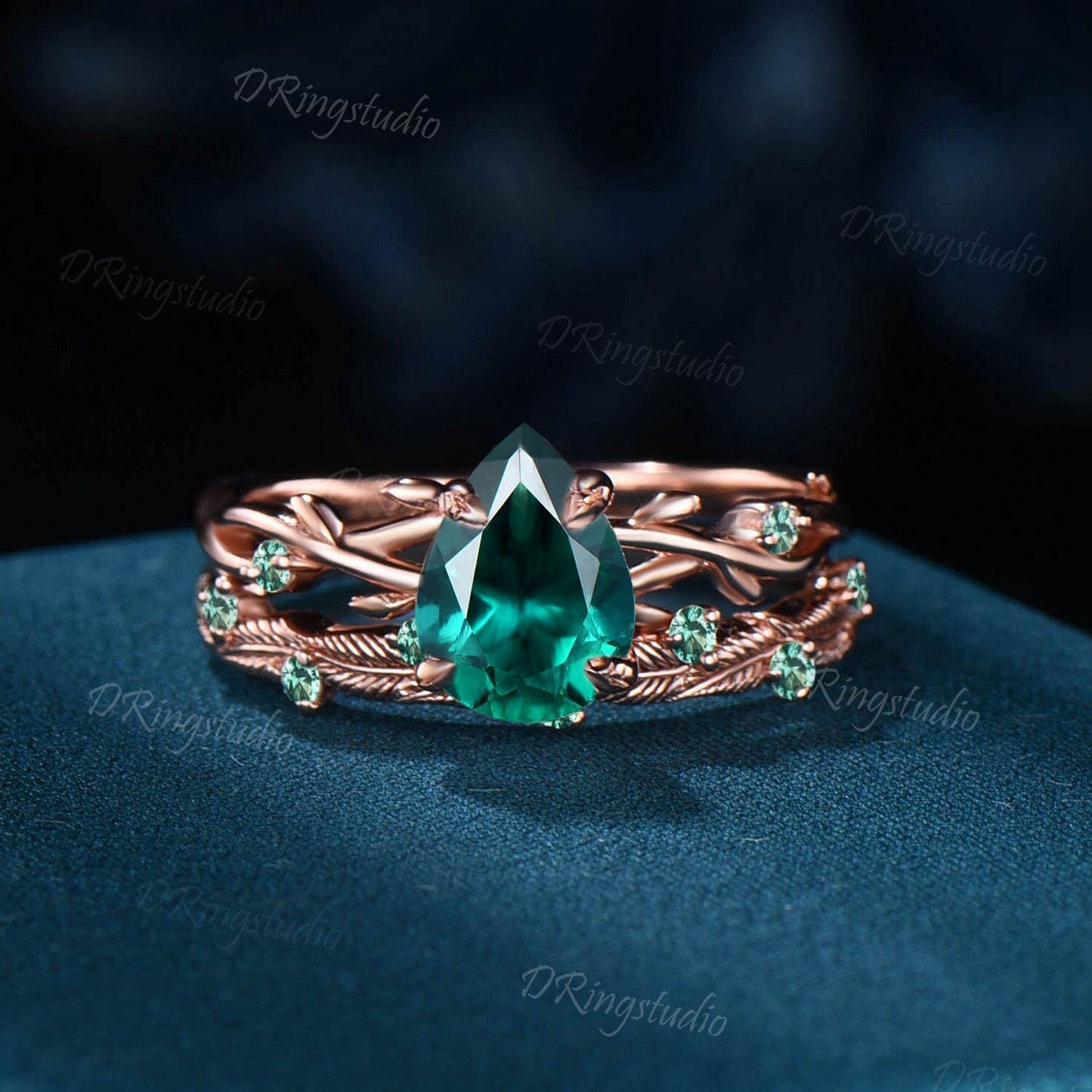 Twig Green Emerald Ring Vintage Women Nature Inspired Engagement Ring Bridal Set Birthstone May Leaf Wedding Band Unique Anniversary Gifts