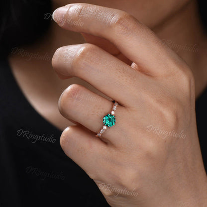 1ct Hexagon Emerald Engagement Ring Vintage Rose Gold Art Deco Milgrain Ring Green Stone Promise Anniversary Ring Personalize Gift for Women