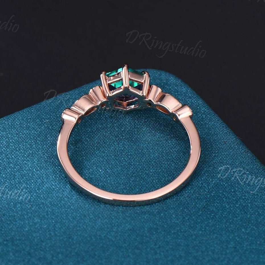 1ct Hexagon Emerald Engagement Ring Vintage Rose Gold Art Deco Milgrain Ring Green Stone Promise Anniversary Ring Personalize Gift for Women