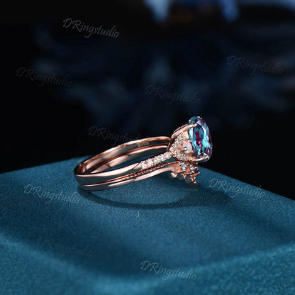 Vintage Oval Alexandrite Wedding Ring Set Diamond Halo Rose Gold Ring For Women Matching Stacking Band Opal Engagement Ring Unique Art Deco