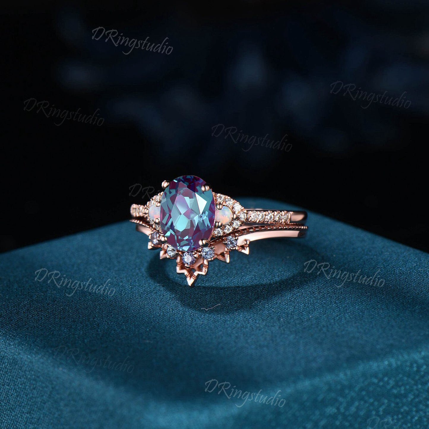 Vintage Oval Alexandrite Wedding Ring Set Diamond Halo Rose Gold Ring For Women Matching Stacking Band Opal Engagement Ring Unique Art Deco