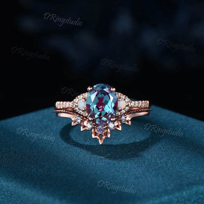 Vintage Oval Alexandrite Wedding Ring Set Diamond Halo Rose Gold Ring For Women Matching Stacking Band Opal Engagement Ring Unique Art Deco