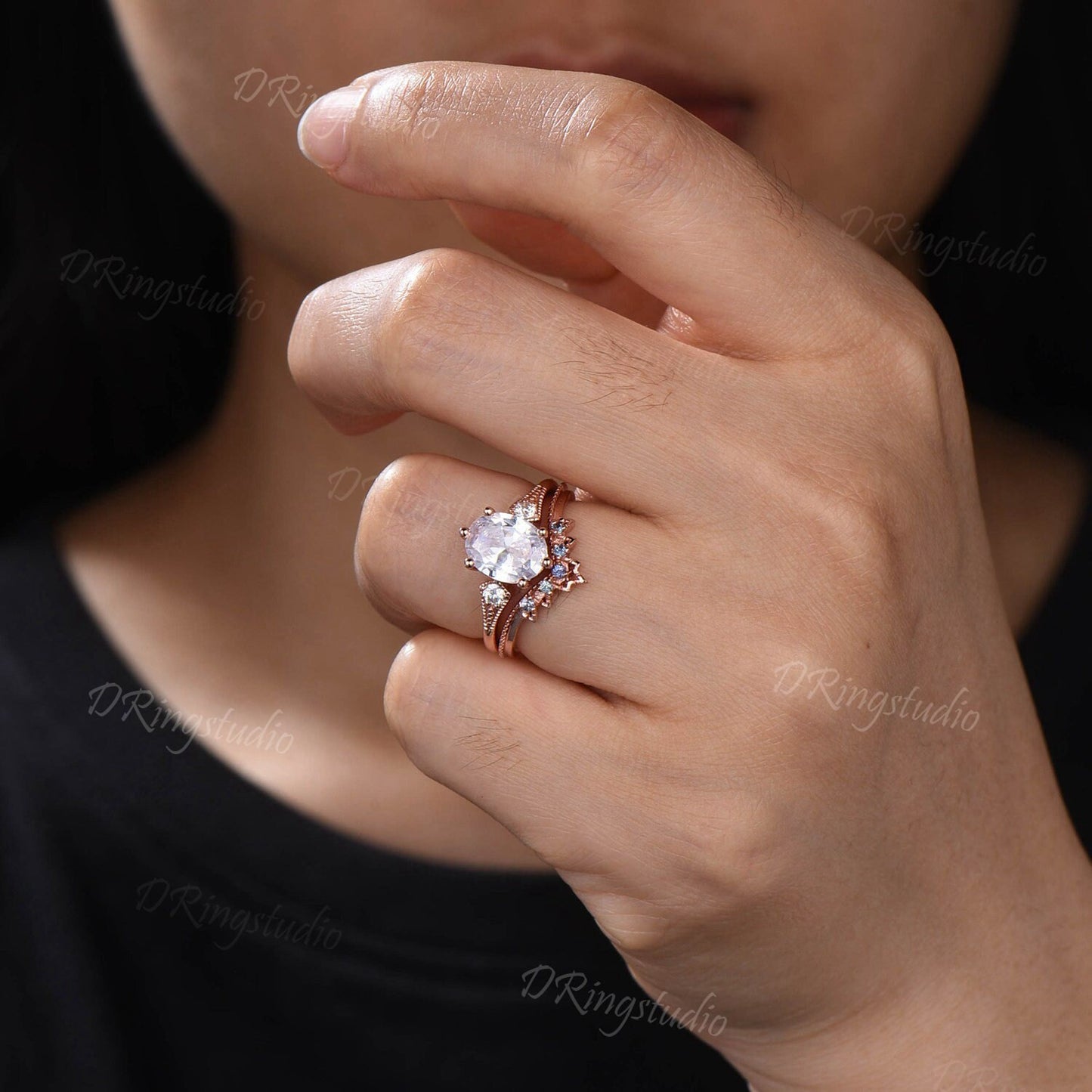 Unique Moissanite Engagement Ring Vintage Three Stone Rose Gold Alexandrite Wedding Band Bridal Set Promise Gifts Delicate Rings for Woman