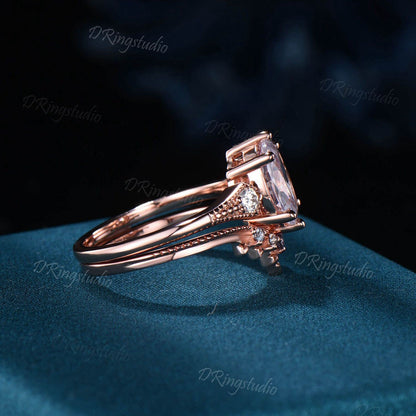 Unique Moissanite Engagement Ring Vintage Three Stone Rose Gold Alexandrite Wedding Band Bridal Set Promise Gifts Delicate Rings for Woman